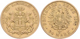 Hamburg: Freie und Hansestadt: 20 Mark 1878 J, Jaeger 210, 7,88 g, 900/1000 Gold, sehr schön.
 [plus 0 % VAT]