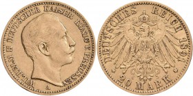 Preußen: Wilhelm II. 1888-1918: 20 Mark 1891 A, Jaeger 252, 7,90 g, 900/1000 Gold. Kratzer, sehr schön.
 [plus 0 % VAT]