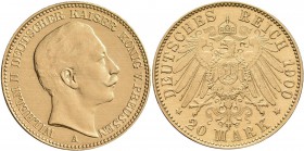 Preußen: Wilhelm II. 1888-1918: 20 Mark 1900 A, Jaeger 252, 7,92 g, 900/1000 Gold. Feine Kratzer, vorzüglich.
 [plus 0 % VAT]