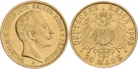 Preußen: Wilhelm II. 1888-1918: 20 Mark 1908 A, Jaeger 252, 7,96 g, 900/1000 Gold. Kratzer, sehr schön.
 [plus 0 % VAT]