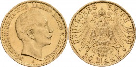 Preußen: Wilhelm II. 1888-1918: 20 Mark 1909 A, Jaeger 252, 7,94 g, 900/1000 Gold. Kratzer, sehr schön.
 [plus 0 % VAT]