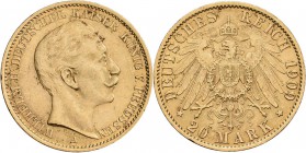 Preußen: Wilhelm II. 1888-1918: 20 Mark 1909 A, Jaeger 252, 7,95 g, 900/1000 Gold. Kratzer, Schmutz, sehr schön.
 [plus 0 % VAT]