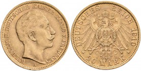 Preußen: Wilhelm II. 1888-1918: 20 Mark 1910 A, Jaeger 252, 7,95 g, 900/1000 Gold. Kratzer, sehr schön.
 [plus 0 % VAT]