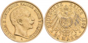 Preußen: Wilhelm II. 1888-1918: 20 Mark 1906 A, Jaeger 252, 7,99 g, 900/1000 Gold. Kratzer, Klebereste, sehr schön.
 [plus 0 % VAT]