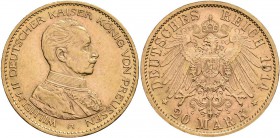 Preußen: Wilhelm II. 1888-1918: 20 Mark 1914 A, Uniform, Jaeger 253, 7,97 g, 900/1000 Gold, kleine Kratzer, sehr schön / vorzüglich.
 [plus 0 % VAT]...
