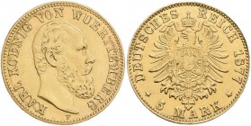 Württemberg: Karl 1864-1891: 5 Mark 1877 F, Jaeger 291, winz. Kratzer, vorzüglich.
 [plus 0 % VAT]