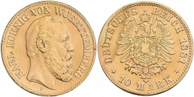 Württemberg: Karl 1864-1891: 10 Mark 1881 F, Jaeger 292, 3,90 g, 900/1000 Gold. Lötspur, schön.
 [plus 0 % VAT]