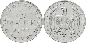 Weimarer Republik: 3 Mark 1922 D (München), Jaeger 303. Nicht mehr ausgegeben, nur wenige Stücke entgingen der Vernichtung. sehr selten !!! vorzüglich...