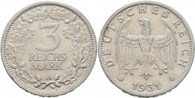 Weimarer Republik: 3 Reichsmark 1931 A, Kursmünze, Jaeger 349, Kratzer, sehr schön.
 [taxed under margin system]