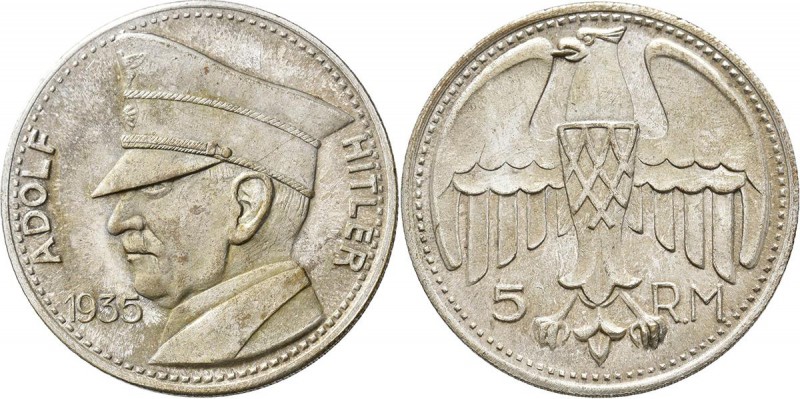 Drittes Reich: 5 RM ”Probe” 1935 Adolf Hitler, dazu 5 weitere Medaillen, dabei 2...