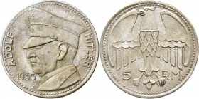 Drittes Reich: 5 RM ”Probe” 1935 Adolf Hitler, dazu 5 weitere Medaillen, dabei 2 x 1933/1934 Gau Halle - Merseburg, Winterhilfswerk des deutschen Volk...
