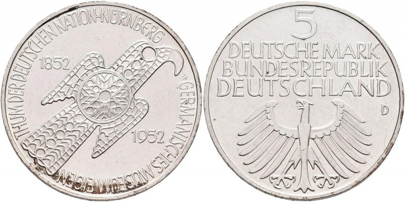 Bundesrepublik Deutschland 1948-2001: 5 DM 1952 D, Germanisches Museum, Jaeger 3...