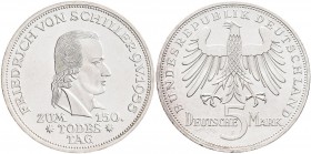 Bundesrepublik Deutschland 1948-2001: 5 DM 1955 F, Friedrich Schiller, Jaeger 389, Kratzer im Feld, sonst vorzüglich.
 [taxed under margin system]