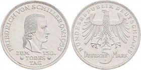 Bundesrepublik Deutschland 1948-2001: 5 DM 1955 F, Friedrich Schiller, Jaeger 389, feine Kratzer, sehr schön - vorzüglich.
 [taxed under margin syste...