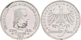 Bundesrepublik Deutschland 1948-2001: 5 DM 1955 F, Friedrich Schiller, Jaeger 389, schwarze Flecken, Kratzer, sehr schön.
 [taxed under margin system...