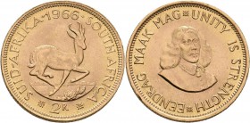 Südafrika: 2 Rand 1966, KM# 64, Friedberg 11. Büste von Jan van Riebeeck / Springbock. 7,97 g, 917/1000 Gold, vorzüglich.
 [plus 0 % VAT]
