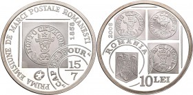 Rumänien: 10 Lei 2008: Marcile postale Cap de Bour - 150 Jahre Ausgabe der ersten Briefmarke ”Stierkopf”. KM# 230. 1 OZ (31,103 g) 999/1000 Silber, in...
