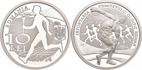 Rumänien: 10 Lei 2014: ”Infiintarea Comitetului Olimpic Roman” - 100 Jahre Olympisches Komitee 1914-2014. 1 OZ (31,103g) 999/1000 Silber, in Münzkapse...