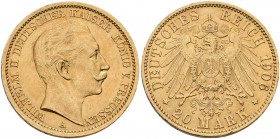 Preußen: Wilhelm II. 1888-1918: 20 Mark 1906 A, Jaeger 252, 7,95 g, 900/1000 Gold. Kratzer, sehr schön.
 [plus 0 % VAT]