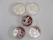 China - Volksrepublik: Eine Sammlung von 5 Silber Gedenkmünzen a 10 Yuan zum Thema Sport 1992-1994, alle Münzen gekapselt, polierte Platte.
 [taxed u...
