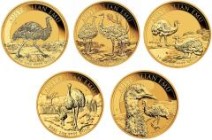 A set of five gold AUSTRALIAN EMU coins weighing one ounce each.
Obv: Image of Queen Elizabeth II, designed by Jody Clark. On the edge of the coin th...