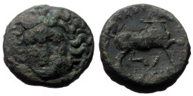 Thessaly, Larissa, AE Tetrachalkon, (Bronze, 9.28 g 19mm), Circa 356-337 BC. 
Obv: Head of the nymph Larissa facing slightly to left 
Rev: ΛΑΡΙ-Σ-[ΑΙΩ...