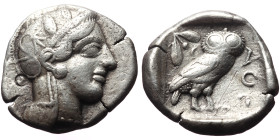 Attica, Athens, AR Tetradrachm,(Silver, 16.97 g 26mm), Circa 454-404 BC.
Obv: Helmeted head of Athena right, with frontal eye.
Rev: AΘE, Owl standing ...
