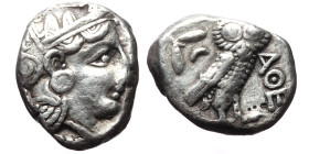 Attica, Athens, AR Tetradrachm (Silver, 17.7 g 24mm) ca 454-404 BC.
Obv: Helmeted head of Athena right, with frontal eye.
Rev: AΘE, Owl standing right...