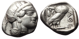 Attica, Athens, AR Tetradrachm,(Silver, 16.90 g 24mm), Circa 454-404 BC.
Obv: Helmeted head of Athena right, with frontal eye.
Rev: AΘE, Owl standing ...
