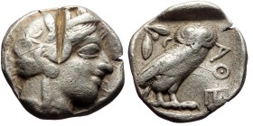 Attica, Athens, AR Tetradrachm,(Silver, 16.48 g 24mm), Circa 454-404 BC.
Obv: Helmeted head of Athena right, with frontal eye.
Rev: AΘE, Owl standin...