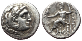 Kingdom of Macedon, Alexander III 'the Great', AR Drachm,(Silver, 3.87 g 18mm), 336-323 BC. Abydos.
Obv: Head of Herakles right, wearing lion skin.
Re...