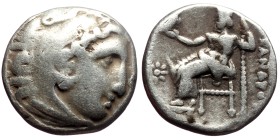 Kingdom of Macedon, Alexander III 'the Great', AR Drachm,(Silver, 4.22 g 15 mm), 336-323 BC. Kolophon.
Obv: Head of Herakles right, wearing lion skin...