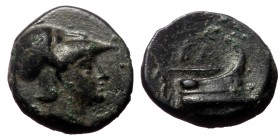 Kingdom of Macedon, Demetrios I Poliorketes. 306-283 B.C. AE unit (Bronze, 12mm, 1.70g) Tarsos, 306-283 B.C.
Obv: Head of Athena right in crested Cor...