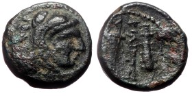 Kingdom of Macedon. Alexander III "the Great" (336-323 BC) 1/4 Unit AE (Bronze, 1.34g, 11mm) Uncertain mint in Western Asia Minor.
Obv: Head of Herak...