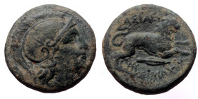 Kings of Thrace (Macedonian). Lysimachos, AE, (Bronze, 4.83 g 18mm), 305-281 BC. Lysimacheia.
Obv: Helmeted head of Athena right.
Rev: ΒΑΣΙΛΕΩΣ / ΛΥΣΙ...