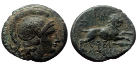 Kings of Thrace (Macedonian), Lysimachos, Ae,(Bronze, 4.54 g 20 mm), 305-281 BC. Lysimacheia.
Obv: Helmeted head of Athena right.
Rev: ΒΑΣΙΛΕΩΣ / ΛΥΣΙ...