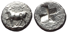 Thrace, Byzantion, AR Drachm, (Silver, 4.53 g 15 mm), Circa 340-320 BC. 
Obv: 'ΠΥ ,Bull standing to left on dolphin.
Rev: Incuse granulated mill-sail ...