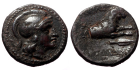 Kings of Thrace, Lysimachos, Ae,(Bronze, 2.34 g 14 mm), 305-281 BC. 
Obv: Helmeted head of Athena right.
Rev: ΒΑΣΙΛΕΟΣ / ΛΥΣΙΜΑΧΟΥ. Forepart of a lion...