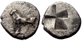 Thrace, Byzantion. 1/10 Stater (Circa 340-320 BC).
Obv: ΠY. Bull standing left on dolphin.
Rev: Quadripartite millsail incuse.
Ref: SNG BM Black Se...