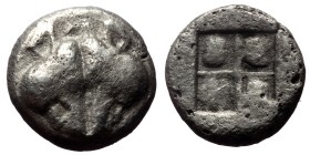Lesbos, Uncertain. Billon Diobol,(Billon, 1.07 g 9 mm), Circa 500-450 BC.
Obv: Confronted boar heads, monogram M above.
Rev: Quadripartite incuse sq...