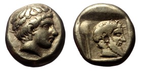 Lesbos, Mytilene, EL Hekte (Electron, 2.51 g 10 mm). Circa 454-428/7 BC.
Obv: Young male head to right, wearing tainia.
Rev: Bearded male head to ri...