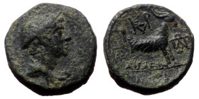 Aeolis, Aigai, Ae,(Bronz, 2.20 g 13mm), 2nd-1st century BC. 
Obv: Draped bust of Hermes right, wearing petasos.
Rev: AIΓAEΩN. Forepart of goat right; ...