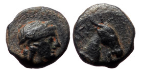 Aeolis, Aigai. Ae,(Bronze, 1.10 g 10mm), 4th-3rd centuries BC. 
Obv: Laureate head of Apollo right.
Rev: [AIΓΑΙ]. Head of goat right.
Ref: SNG von Aul...