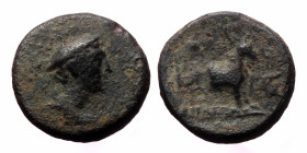 Aeolis, Aigai,AE,(Bronze, 2.04 g 13mm), 2nd-1st century BC.
Obv: Draped bust of Hermes right, wearing petasos.
Rev: [AIΓAEΩN]. Forepart of goat right;...