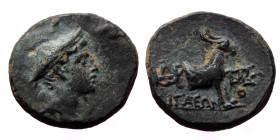 Aeolis, Aigai,AE,(Bronze, 1.61 g 13 mm), 2nd-1st century BC.
Obv: Draped bust of Hermes right, wearing petasos.
Rev: AIΓAEΩN. Forepart of goat right; ...