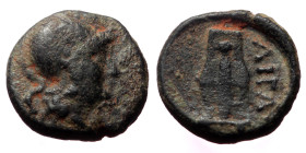 Aeolis. Aegae. AE. (Bronze, 1.25 g. 11mm.) 3rd century BC.
Obv: Helmeted head of Athena, right.
Rev: AIΓA. Lyre.
Ref: SNG Cop 13; BMC 15.
