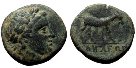 Aeolis, Aigai, Ae,(Bronze, 4.56 g 15 mm), Circa 300-200 BC. 
Obv: Head of Apollo right 
Rev: AIΓAEΩN, goat standing right. very fine 
Ref: SNG Cop. 10...