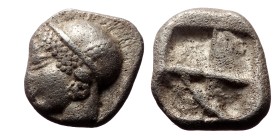 Ionia, Phokaia, AR Diobol, (Silver, 1.30 g, 10mm),Circa 521-478 BC.
Obv: Archaic female head left, wearing earring and helmet or close fitting cap.
...