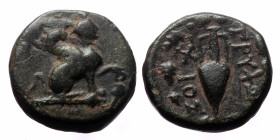 Ionia, Chios. Ae,(Bronze, 3.62 g 13mm), Circa 190-84 BC.
Obv: Sphinx seated right on thyrsos right, raising forepaw; grape bunch to right.
Rev: ΤΡΥ**/...