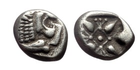 Ionia, Miletos. AR Obol or Hemihekte,(Silver, 1.5 g 9mm), Late 6th-early 5th century BC.
Obv: Forepart of lion left, head right.
Rev: Stellate flora...